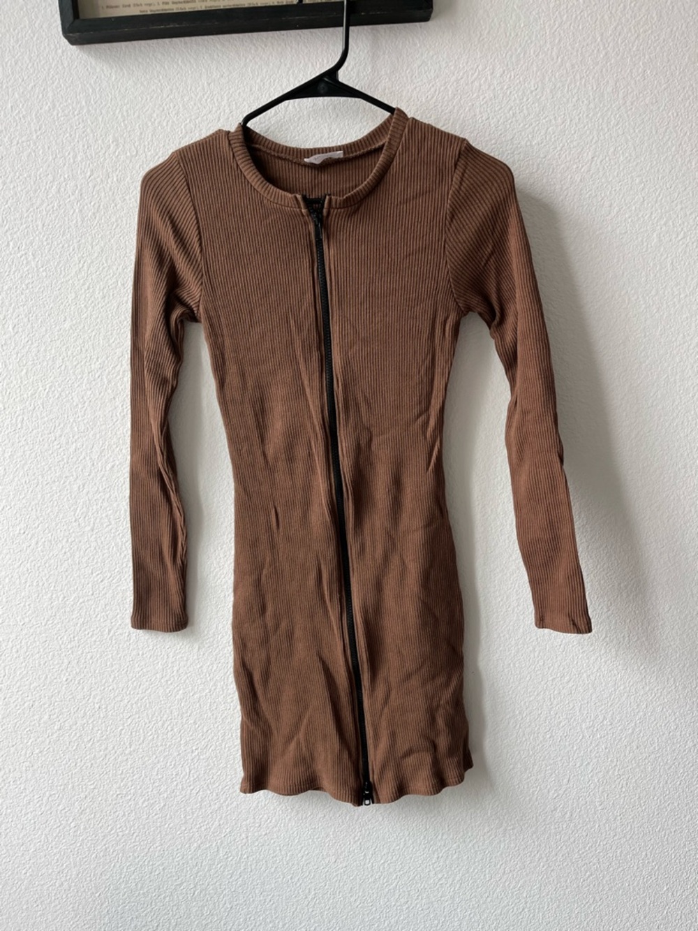 Ribbed Zip Up Long Sleeve Mini/Mid Length Dress in Brown, Junie by Noctex